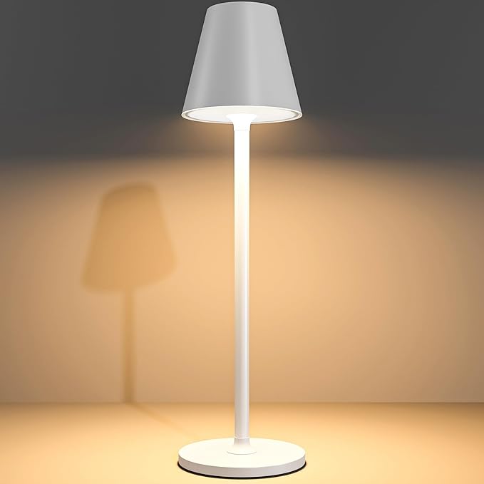 Modern LED Cordless Table Lamp, 4000mAh Rechargeable Battery, 3 Level Brightness Night Light, Metal Shell, Minimalist Design, for Couples Dinner/Coffee Table/Restaurant/Bedroom, White - LeafyLoom