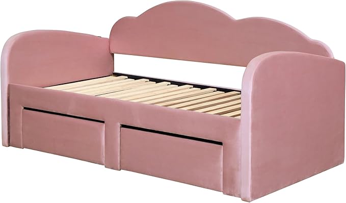 Twin Size Velvet Upholstered Daybed with Cloud-Shaped Backrest and Trundle,Wooden Storage Bed Frame W/Drawers & USB Ports,Convert to King-Size Bed,for Living Room Apartment,Pink - LeafyLoom