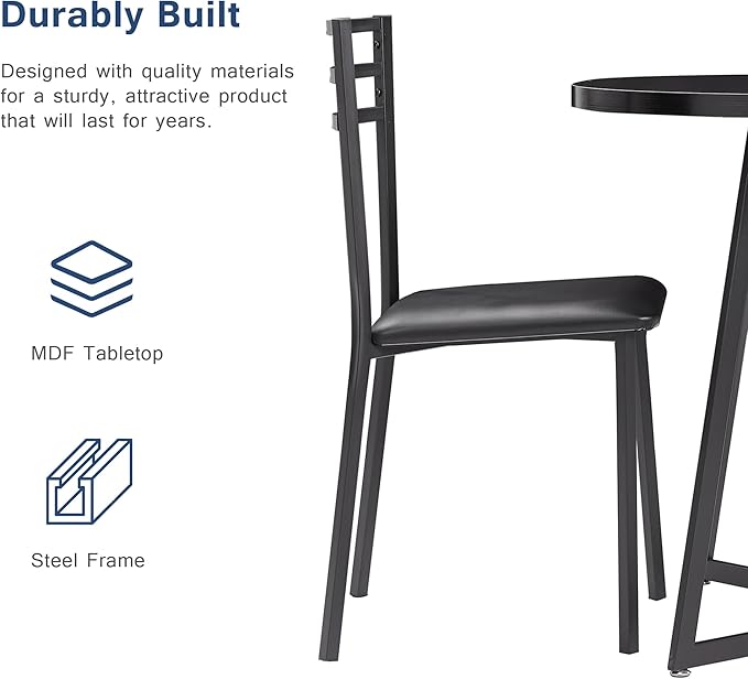 VECELO 3 Piece Kitchen Dining Room Set, Wood Round Table for Breakfast Nook Small Space, Dinette with 2 Cushioned Chairs, Matte Black - LeafyLoom