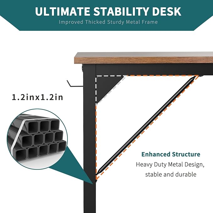 SMUG Computer Desk 48 Inch Home Office Writing Wood Storage Bag & Headphone Hook Simple Bedroom 2 Person Work Study Kids Table, Rustic Brown - LeafyLoom