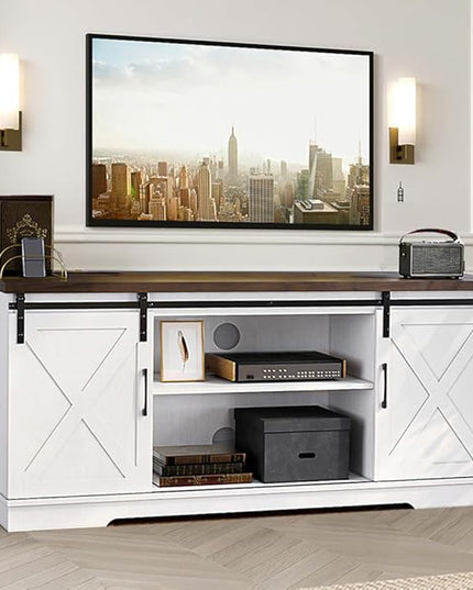IDEALHOUSE Farmhouse TV Stand, Entertainment Center for 65 Inch TV Media Console Cabinet, White Barn Doors TV Stand with Storage and Shelves, Modern TV Console Table Furniture for Livingroom - LeafyLoom