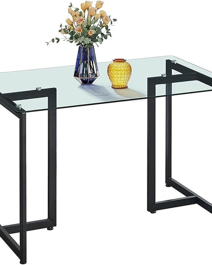 FurnitureR 47" Modern Rectangular Dining Table with Spacious Tempered Glass Tabletop & Black Legs Elegant for Home Kitchen Restaurant - LeafyLoom