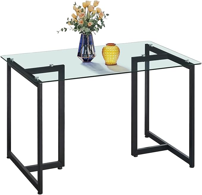 FurnitureR 47" Modern Rectangular Dining Table with Spacious Tempered Glass Tabletop & Black Legs Elegant for Home Kitchen Restaurant - LeafyLoom