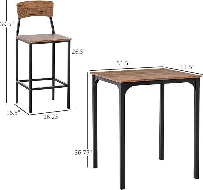 NicBex Kitchen Table for 2 Dining Room Set 3 Piece Bar Table Set, Industrial Counter Height Dining Table Set, Bar Table & Chairs with Steel Legs & Footrests, Rustic Brown - LeafyLoom