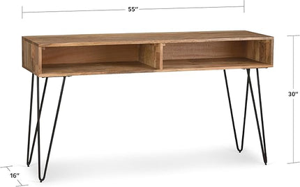 SIMPLIHOME Hunter SOLID WOOD and Metal 55 inch Wide Mid Century Modern Console Sofa Entryway Table in Natural with Storage, 2 Shelves, for the Living Room, Entryway and Bedroom - LeafyLoom