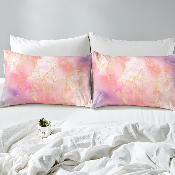Pink Marble Bedding Comforter Sets Full Size, Tie Dye Marble Decor Comforter Set for Boys Girls Women Bedroom, Gold Bronzing Marble Bedding Pink Purple Modern Abstract Quilt with 2 Pillowcases - LeafyLoom