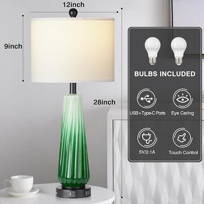 28" Green Glass Table Lamps Set of 2, Modern Table Lamps with USB A+C Ports & AC Outlet, Touch Control Bedside Nightstand Lamp with Crystal Night Light & White Fabric Shade for Bedroom(Bulbs Included) - LeafyLoom