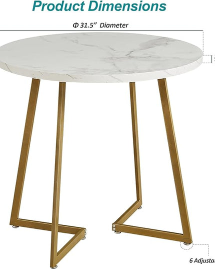 VECELO Round Dining Table with Steel Frame for 2-4 People, Space Saving for Home, Kitchen, Apartment, White & Gold - LeafyLoom
