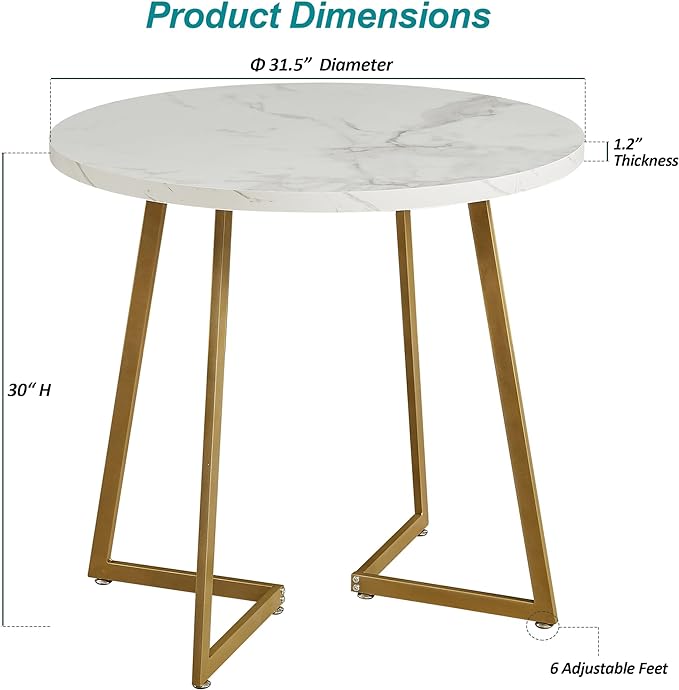 VECELO Round Dining Table with Steel Frame for 2-4 People, Space Saving for Home, Kitchen, Apartment, White & Gold - LeafyLoom