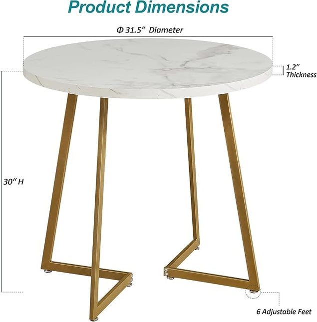 VECELO Round Dining Table with Steel Frame for 2-4 People, Space Saving for Home, Kitchen, Apartment, White & Gold - LeafyLoom