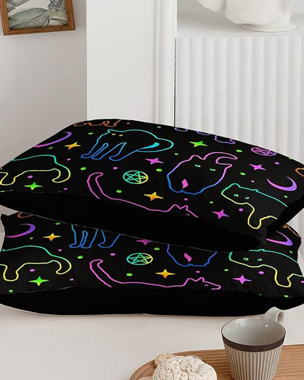 Black Cat Bedding Cartoon Cat Comforter Set Queen,Moon Stars Printed Kids Bedding Set for Boys Girls Adults Room Decor,Kids Comforter Set All Season,1 Quilt 2 Pillow Cases,Neon Color Purple Blue Green - LeafyLoom