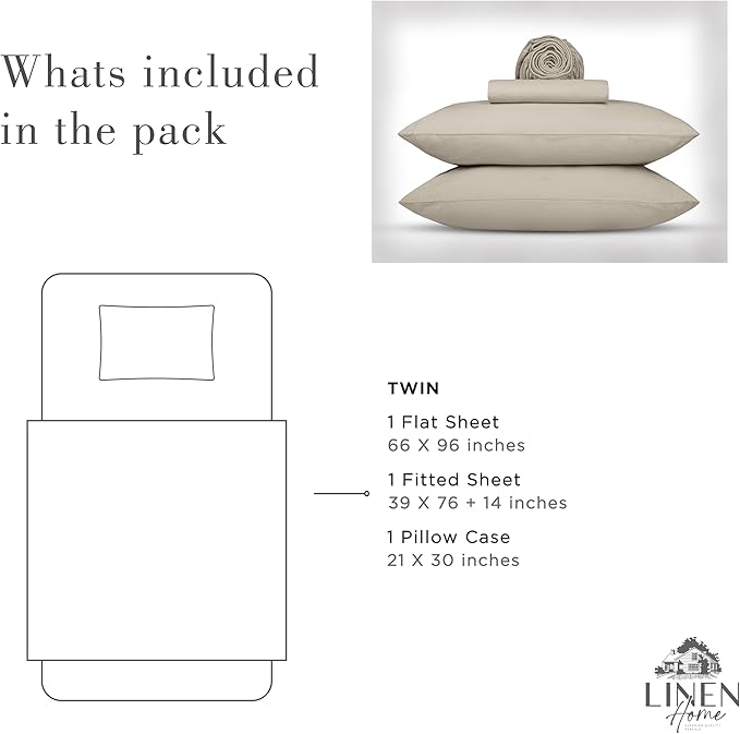 Linen Home Washed Cotton Percale Twin Sheet Set, Silver, Deep Pocket, 3 Pieces Bed Sheets - 1 Flat Sheet, 1 Fitted Sheet & 1 Envelope Closure Pillowcase, Cool and Comfortable Bed Linen - LeafyLoom