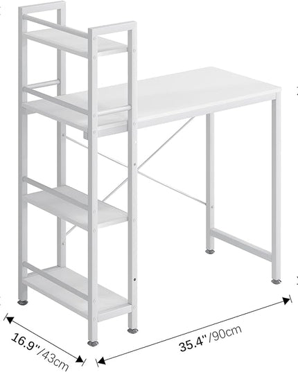 4NM 35" Small Computer Desk with 4-Tier Bookshelf, Home Office Desk Writing Workstation Study Table Multipurpose for Small Space Work - All White - LeafyLoom
