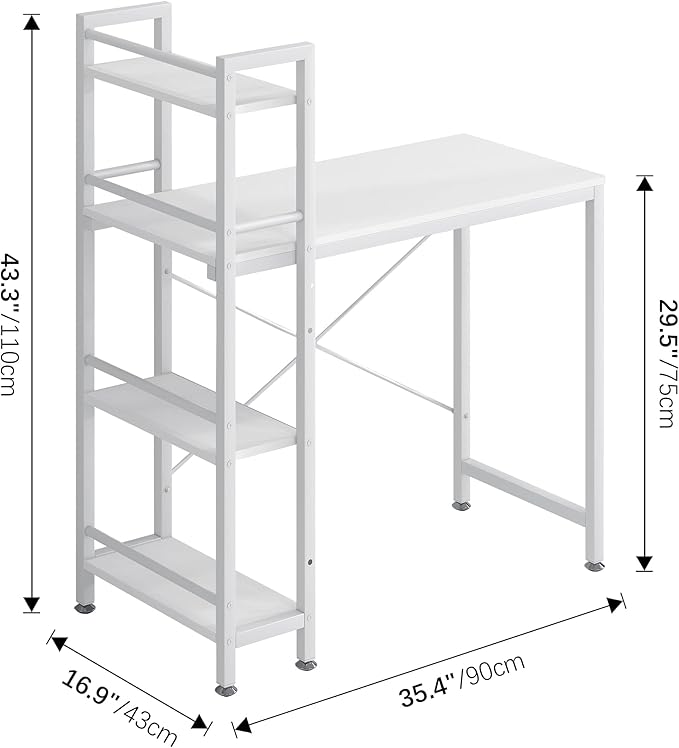 4NM 35" Small Computer Desk with 4-Tier Bookshelf, Home Office Desk Writing Workstation Study Table Multipurpose for Small Space Work - All White - LeafyLoom