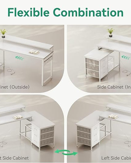 AODK 70 Inch L Shaped Computer Desk with Power Outlets & USB Charging Ports, Reversible L-Shaped Corner Desk with Drawers & Monitor Stand, Home Office Workstation with Storage Cabinet, White - LeafyLoom