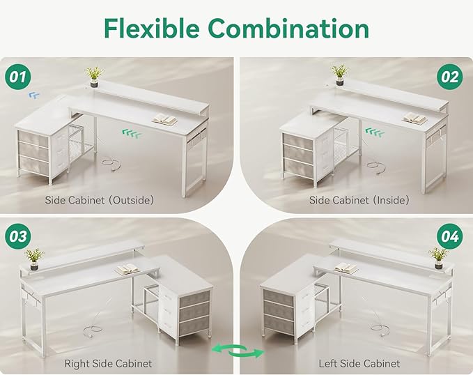 AODK 70 Inch L Shaped Computer Desk with Power Outlets & USB Charging Ports, Reversible L-Shaped Corner Desk with Drawers & Monitor Stand, Home Office Workstation with Storage Cabinet, White - LeafyLoom