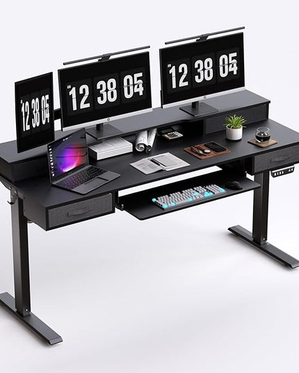 Electric Standing Desk, Multifunctional Standing Desk Adjustable Height, 63 * 24 Standing Desk with 4 Drawers, Ergonomic Adjustable Standing Desk with Keyboard Tray, Classic Black - LeafyLoom