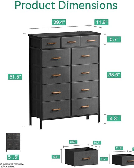 AODK Dresser with Charging Station, 52 Inches Tall Dresser for Bedroom with 11 Storage Drawers, Large Fabric Dressers for Living Room, Hallway, Dark Grey - LeafyLoom
