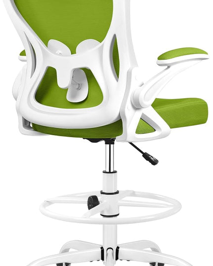 Drafting Chair, Tall Office Chair Ergonomic Standing Desk chair, Lumbar Support Computer Chair Swivel Task Rolling Chair with Adjustable Flip-up Armrests & Foot Ring (Green) - LeafyLoom