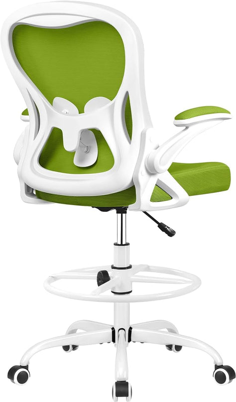 Drafting Chair, Tall Office Chair Ergonomic Standing Desk chair, Lumbar Support Computer Chair Swivel Task Rolling Chair with Adjustable Flip-up Armrests & Foot Ring (Green) - LeafyLoom