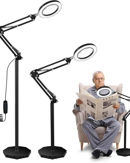 8X Magnifying Glass with Light and Stand, 3 Color Temperatures, Adjustable Brightness Magnifying Floor Lamp, Swing Arm Lighted Magnifier for Reading, Crafts and Close Work - LeafyLoom