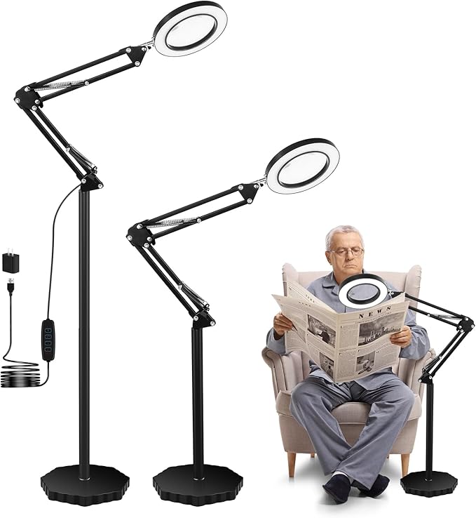 8X Magnifying Glass with Light and Stand, 3 Color Temperatures, Adjustable Brightness Magnifying Floor Lamp, Swing Arm Lighted Magnifier for Reading, Crafts and Close Work - LeafyLoom