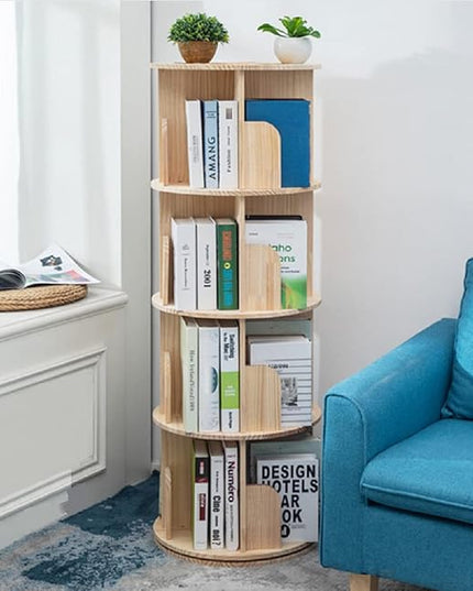 Rotating Bookshelf 360 Display 4 Tier Floor Standing Bookcase Storage Rack for Kids&Adults Solid Wood Bookshelf Organizer - LeafyLoom