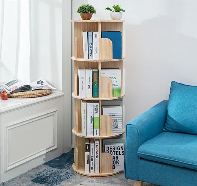 Rotating Bookshelf 360 Display 4 Tier Floor Standing Bookcase Storage Rack for Kids&Adults Solid Wood Bookshelf Organizer - LeafyLoom