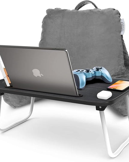 Nestl Reading Pillow with Portable Laptop Lap Desk, Velvet Feel Back Pillow for Sitting in Bed, Shredded Memory Foam Back Support Pillow for Bed, Bed Rest Pillow with Arms, Small - Gray - LeafyLoom