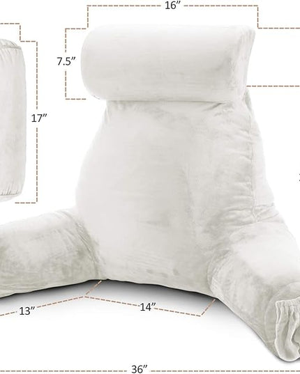Clara Clark Reading Pillow, Large Back Pillow for Sitting Up in Bed, Memory Foam Back Support Pillow, Reading Pillows for Sitting in Bed Adult, White Sit Up Pillow for Bed Chair with Arms and Pockets - LeafyLoom