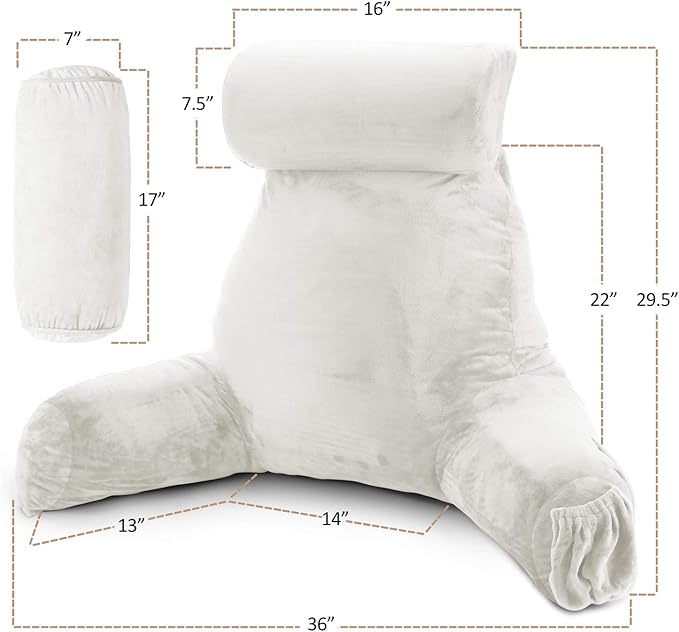 Clara Clark Reading Pillow, Large Back Pillow for Sitting Up in Bed, Memory Foam Back Support Pillow, Reading Pillows for Sitting in Bed Adult, White Sit Up Pillow for Bed Chair with Arms and Pockets - LeafyLoom