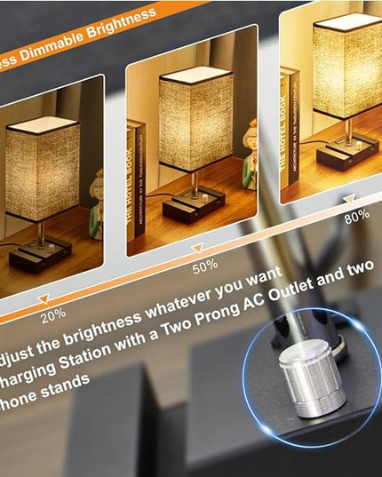Fully Dimmable Nightstand Lamp for Bedroom with AC Outlet, Table Lamp with Two Phone Stands, Bedside Lamps, Desk Lamp for Bedroom, Living Room, LED Bulb Included Grey - LeafyLoom