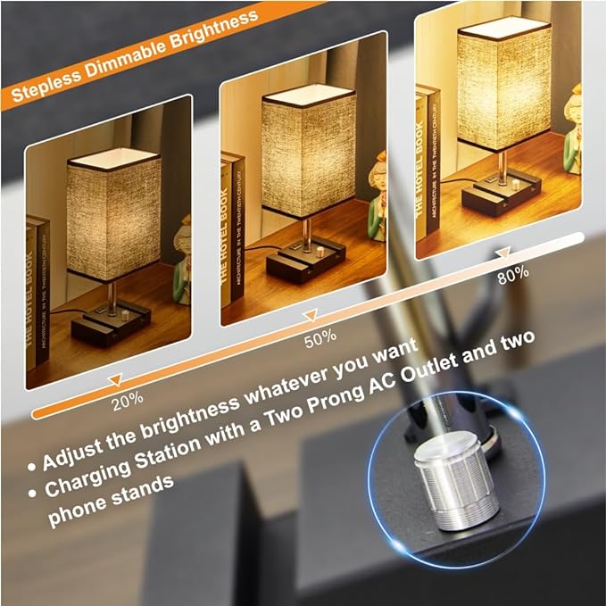 Fully Dimmable Table lamp, Lamps with Two Phone Stands and AC Outlet, Bedside Lamp with Two LED Bulb for Bedroom, Living Room,Study(Set of 2) Light Grey - LeafyLoom