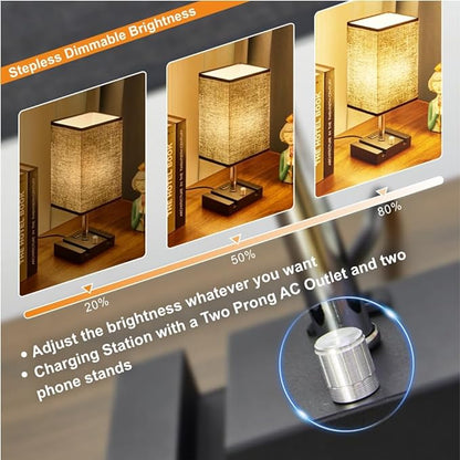 Fully Dimmable Table lamp, Lamps with Two Phone Stands and AC Outlet, Bedside Lamp with Two LED Bulb for Bedroom, Living Room,Study(Set of 2) Light Grey - LeafyLoom