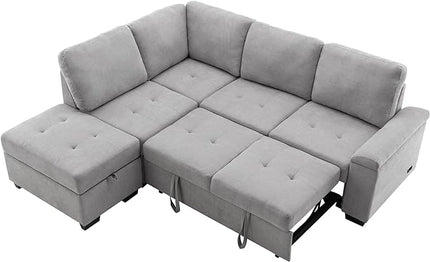 Convertible Sleeper Sectional Sofa with Pull Out Bed and Movable Ottoman, L Shaped Reversible Couch with Hidden Arm Storage & USB Charge, 4 Seat Corner Sofa&Couches for Living Room, Gray 87.4" - LeafyLoom