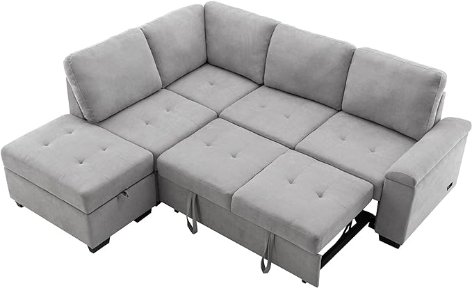 Convertible Sleeper Sectional Sofa with Pull Out Bed and Movable Ottoman, L Shaped Reversible Couch with Hidden Arm Storage & USB Charge, 4 Seat Corner Sofa&Couches for Living Room, Gray 87.4" - LeafyLoom