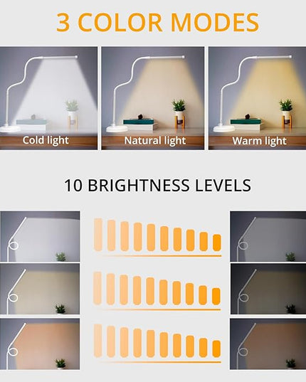 LED Desk Lamp, Swing Arm Architect Task Lamp with Long Flexible Gooseneck, Heavy Base, 3 Color Modes, 10 Brightness Levels, and USB Adapter, Desk Light for Home/Office/Drafting/Reading - LeafyLoom