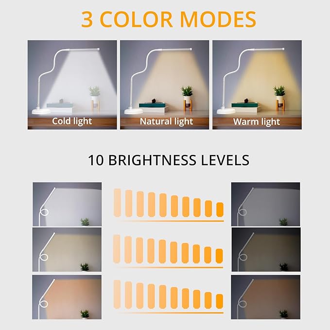 LED Desk Lamp, Swing Arm Architect Task Lamp with Long Flexible Gooseneck, Heavy Base, 3 Color Modes, 10 Brightness Levels, and USB Adapter, Desk Light for Home/Office/Drafting/Reading - LeafyLoom