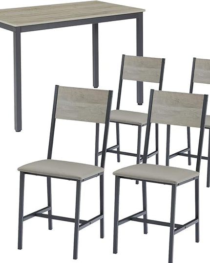 Dining Table Set for 4, Industrial Metal Wood 47.2" Kitchen Dining Table with 4 Upholstered PU Leather Chairs, Indoor Modern Furniture Set for Dining Room, Dinette, Breakfast Nook, Grey - LeafyLoom