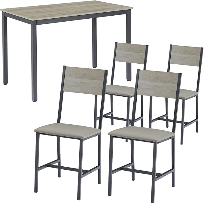 Dining Table Set for 4, Industrial Metal Wood 47.2" Kitchen Dining Table with 4 Upholstered PU Leather Chairs, Indoor Modern Furniture Set for Dining Room, Dinette, Breakfast Nook, Grey - LeafyLoom