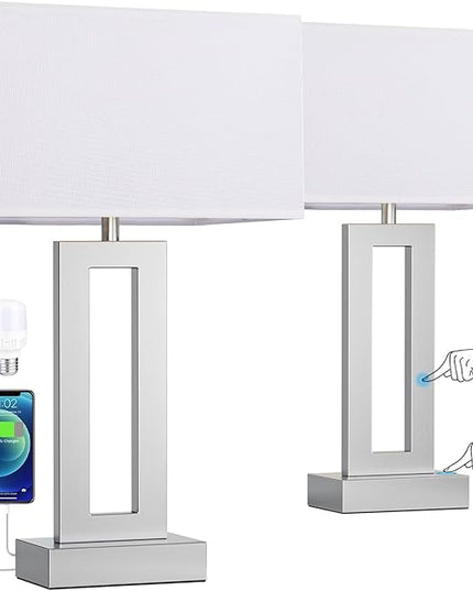 Nightstand Table Lamps for Bedrooms Set of 2 - Touch Bedside Lamp with USB C+A, 3 Way Dimmable Living Room Lamps for End Tables Set of 2, Modern Night Stand Lamps for Bed Side(White&Silver) - LeafyLoom