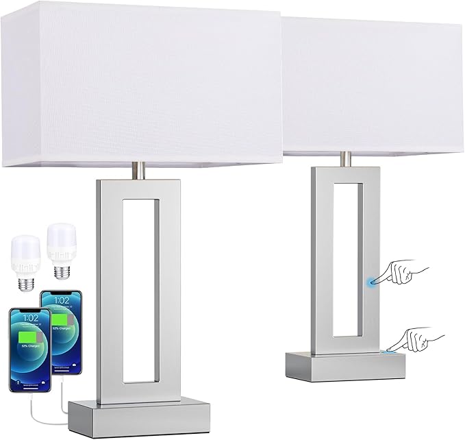 Nightstand Table Lamps for Bedrooms Set of 2 - Touch Bedside Lamp with USB C+A, 3 Way Dimmable Living Room Lamps for End Tables Set of 2, Modern Night Stand Lamps for Bed Side(White&Silver) - LeafyLoom
