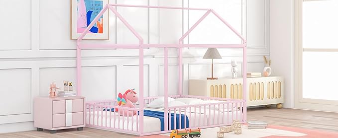 RITSU Full Size Montessori Floor Bed, Metal House Bedframe with Fence, Robust Construction is Used, for Children'S Rooms, Boys Girls, No Box Spring Needed, Easy Assembly, Pink - LeafyLoom