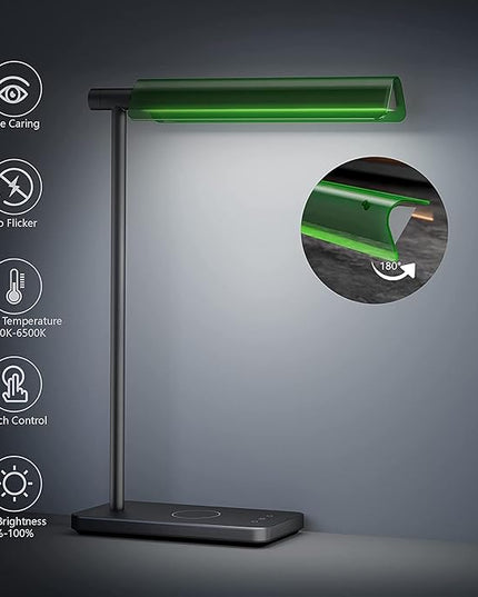 Modern LED Banker Lamp, Vintage Green Lampshade LED Desk Lamp,Office Home Decor Desk Light, with Touch Switch and Wireless Charging Function, for Study, Library, Bedroom - LeafyLoom
