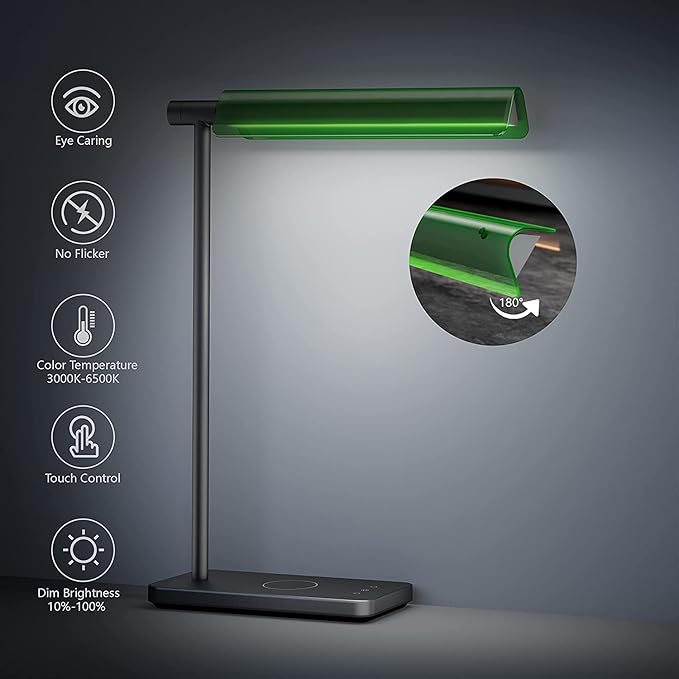 Modern LED Banker Lamp, Vintage Green Lampshade LED Desk Lamp,Office Home Decor Desk Light, with Touch Switch and Wireless Charging Function, for Study, Library, Bedroom - LeafyLoom