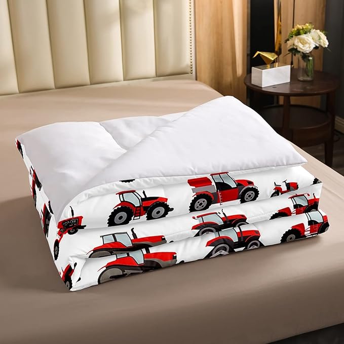 Erosebridal Red Tractor Comforter Set Full Size Heavy Equipment Truck Down Comforter Kids Boys Girls Teens Harvester Tractor Bedding Set Construction Excavator Farm Equipment Quilt Set - LeafyLoom