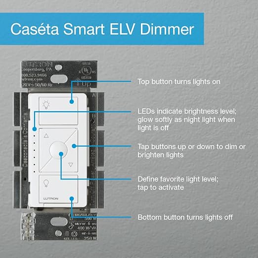 Lutron Caseta Original Smart Dimmer Switch ELV+ (Lutron Hub Required), 250W LED, Single-Pole/3-Way, Neutral Required, PD-5NE-WH, White Lutron