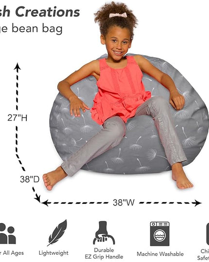 Posh Creations Bean Bag Chair for Kids, Teens, and Adults Includes Removable and Machine Washable Cover, Canvas White Dandelions on Gray, 38in - Large - LeafyLoom