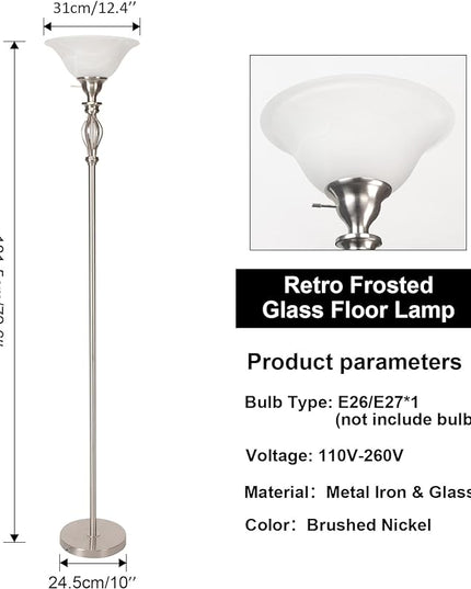 Torchiere Floor Lamps for Living Room & Bedroom – Stand Up Lamp with Corner Floor Lamp Design – Traditional Iron Scroll 70" Tall Alabaster Glass Bowl Shade (Brushed Nickel) - LeafyLoom