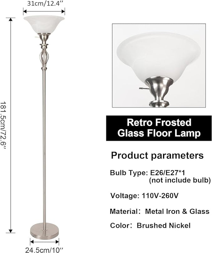 Torchiere Floor Lamps for Living Room & Bedroom – Stand Up Lamp with Corner Floor Lamp Design – Traditional Iron Scroll 70" Tall Alabaster Glass Bowl Shade (Brushed Nickel) - LeafyLoom
